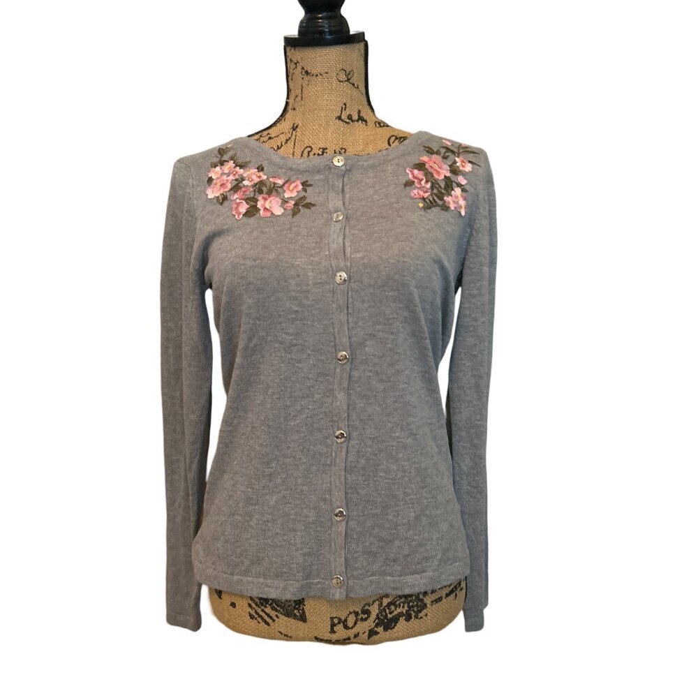 Karen Scott Cardigan Embroidered Size Small Women's Grey Sweater Size Small - Picture 1 of 6